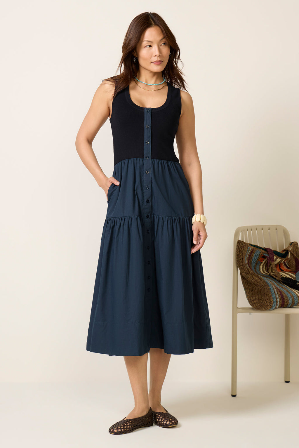 Women's Susannah Scoop Neck Twofer Midi dress