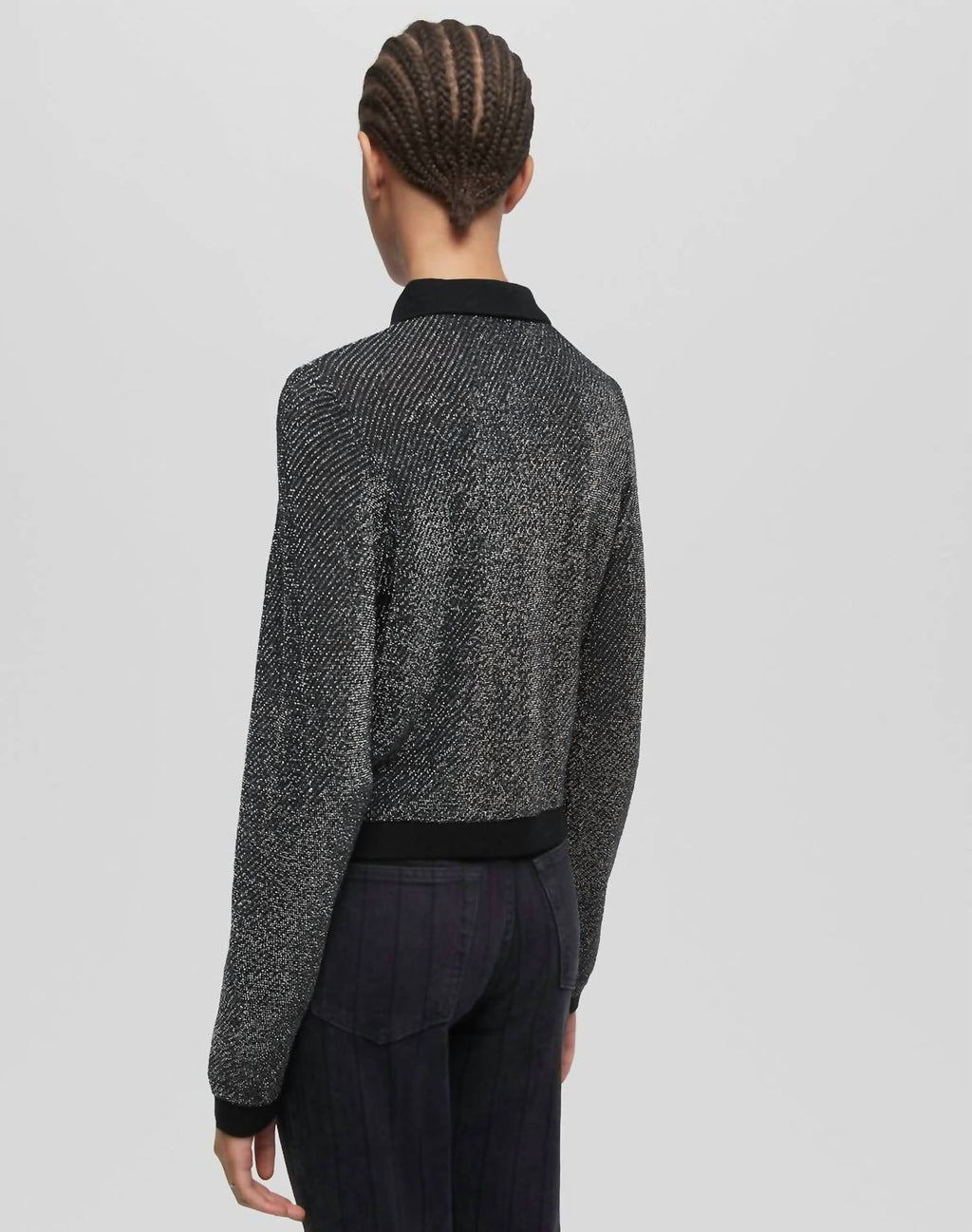 Lurex Polo Cardigan In Black/silver