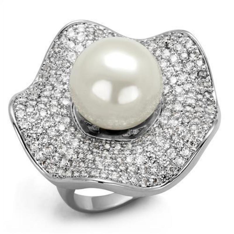 Rhodium Brass Ring with Synthetic Pearl in White