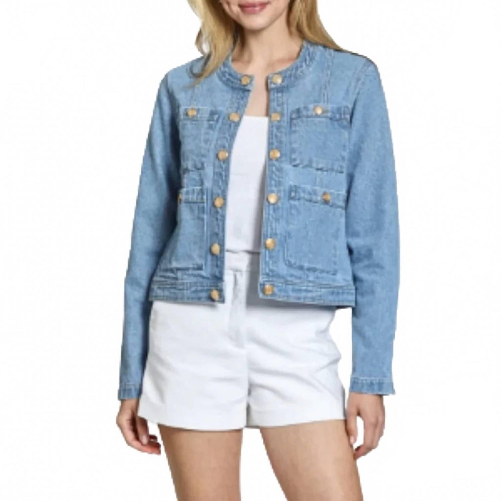 Collarless Denim Jacket In Light Indigo