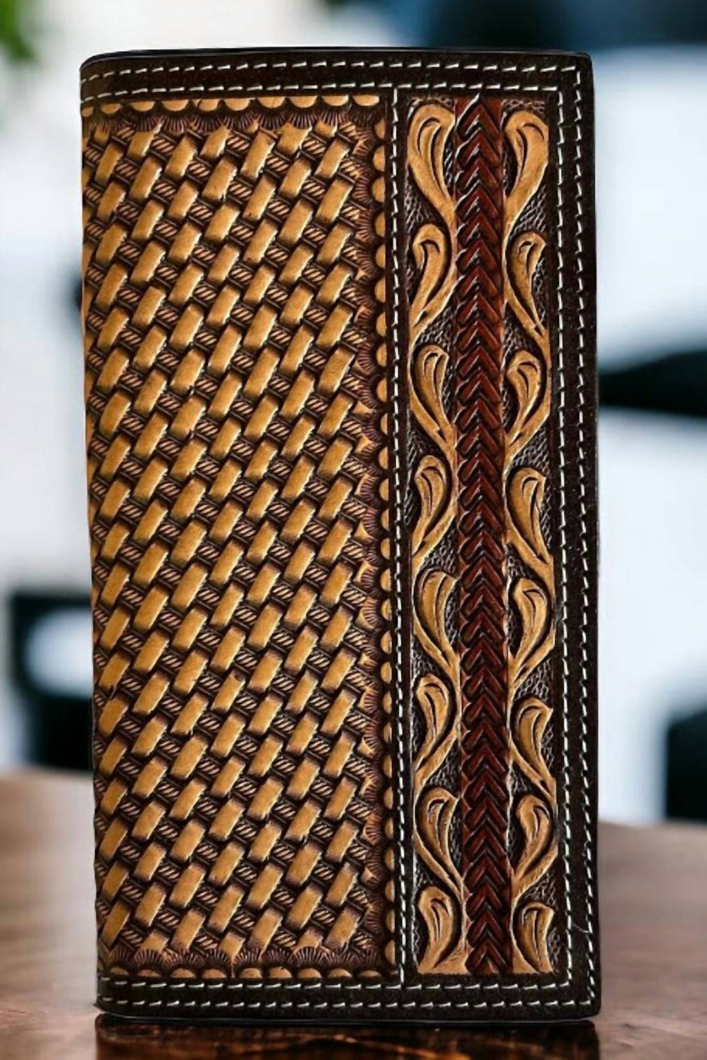 Hand Tooled And Laced Bi Fold Wallet In Brown
