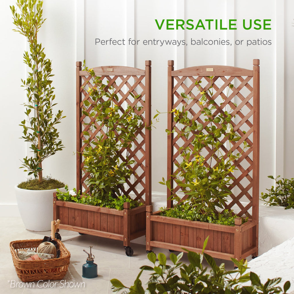 Best Choice Products Set of 2 48in Wood Planter Box & Diamond Lattice Trellis, w/ Drainage, Optional Wheels - White