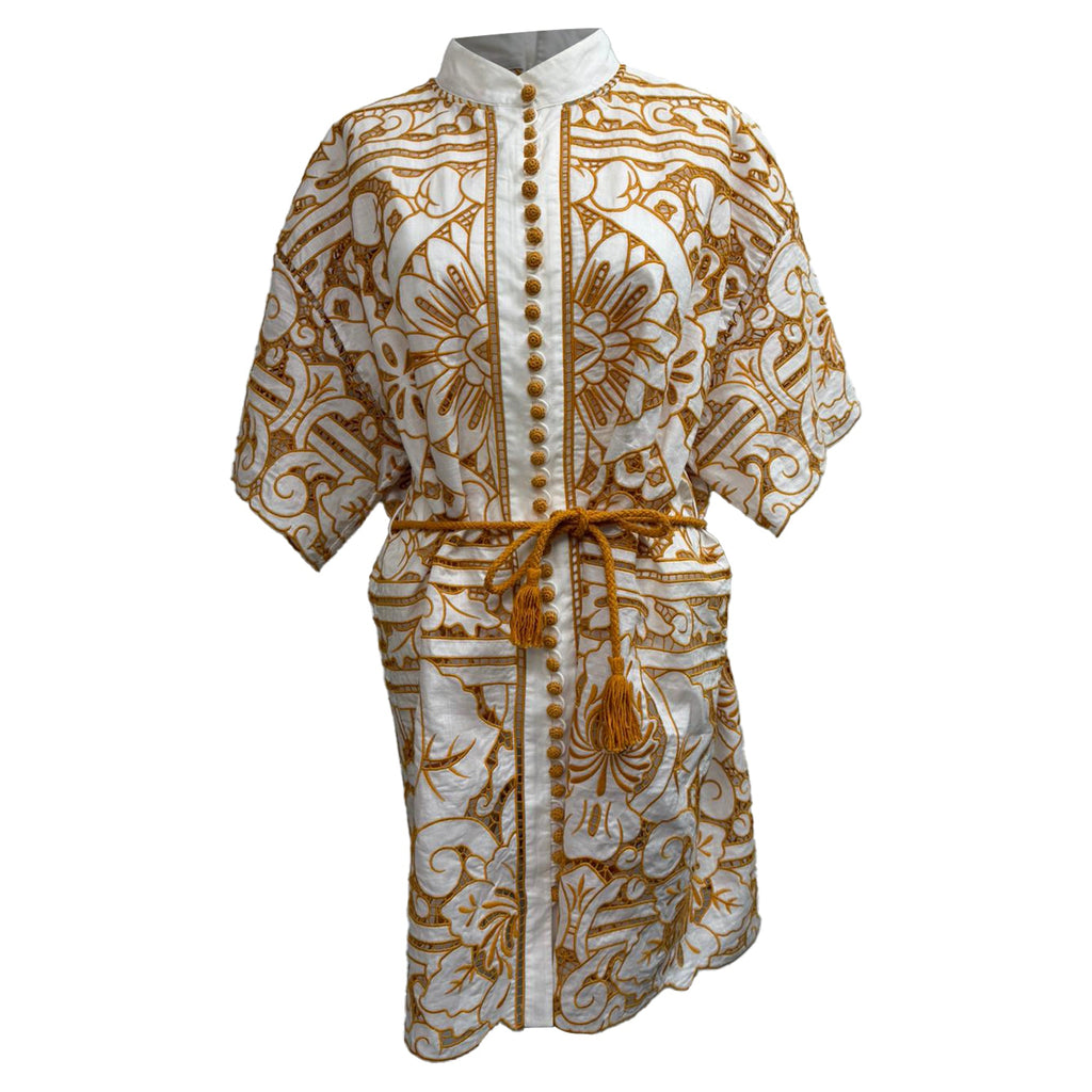 Zimmermann Broderie Anglaise Mini Dress in Mustard Yellow Cotton