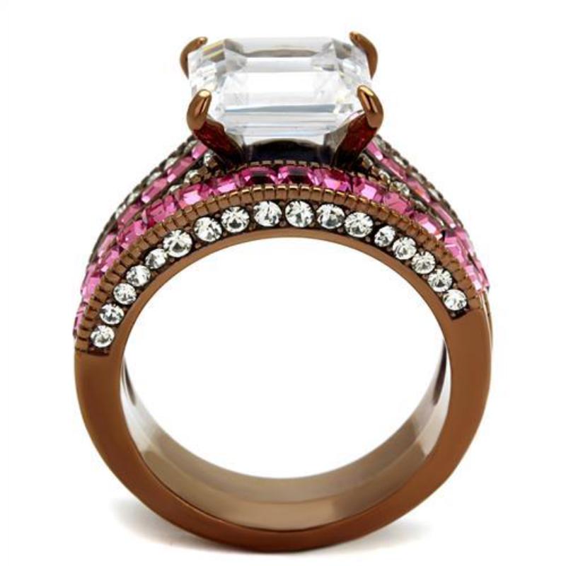 IP Coffee light Stainless Steel Ring with AAA Grade CZ in Clear