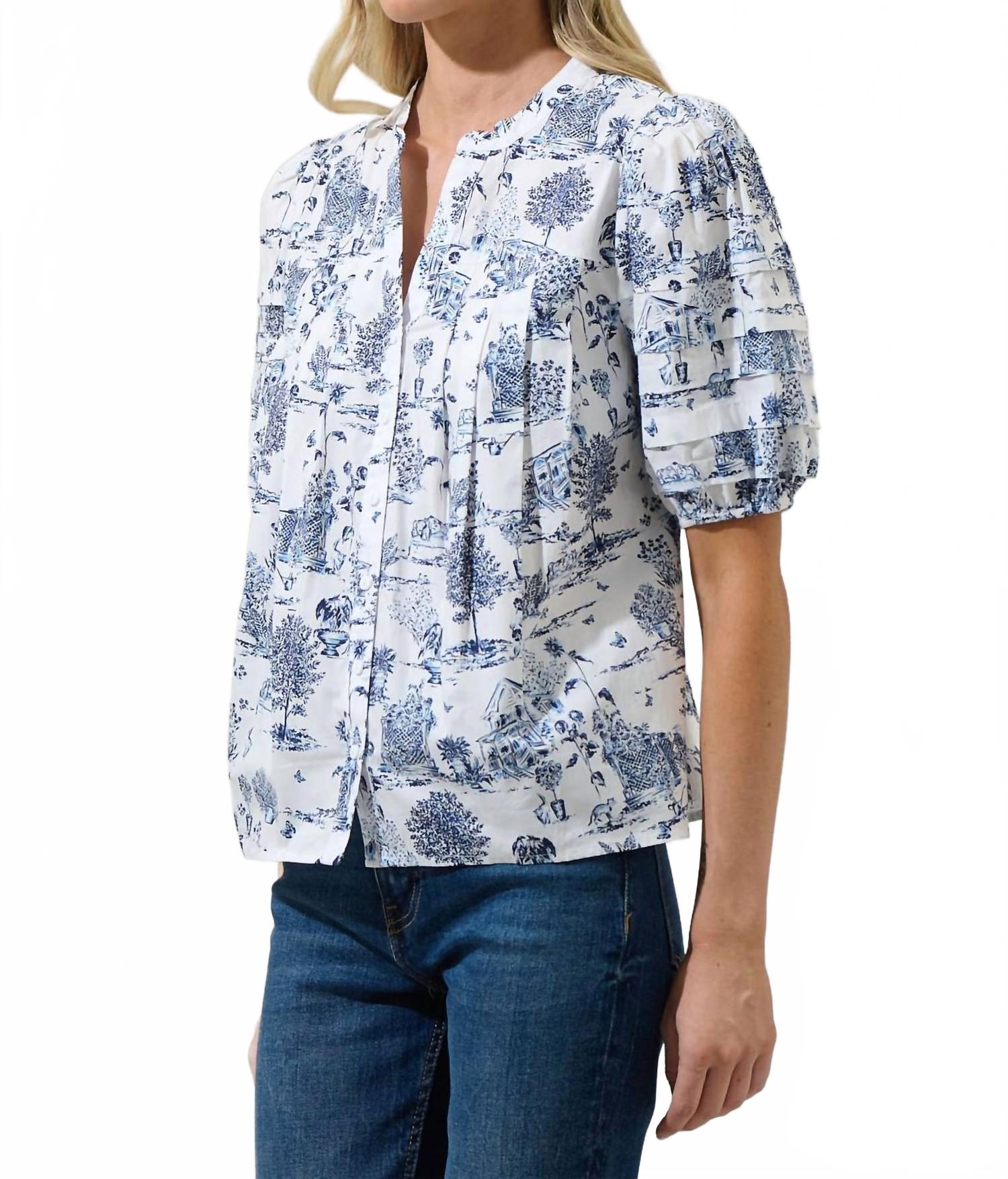 Renzo Toile Court Button Down Top In Blue