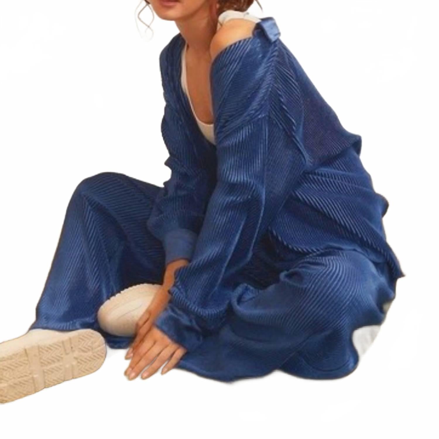 Luxe Pleated Lounge Set In Sapphire Blue