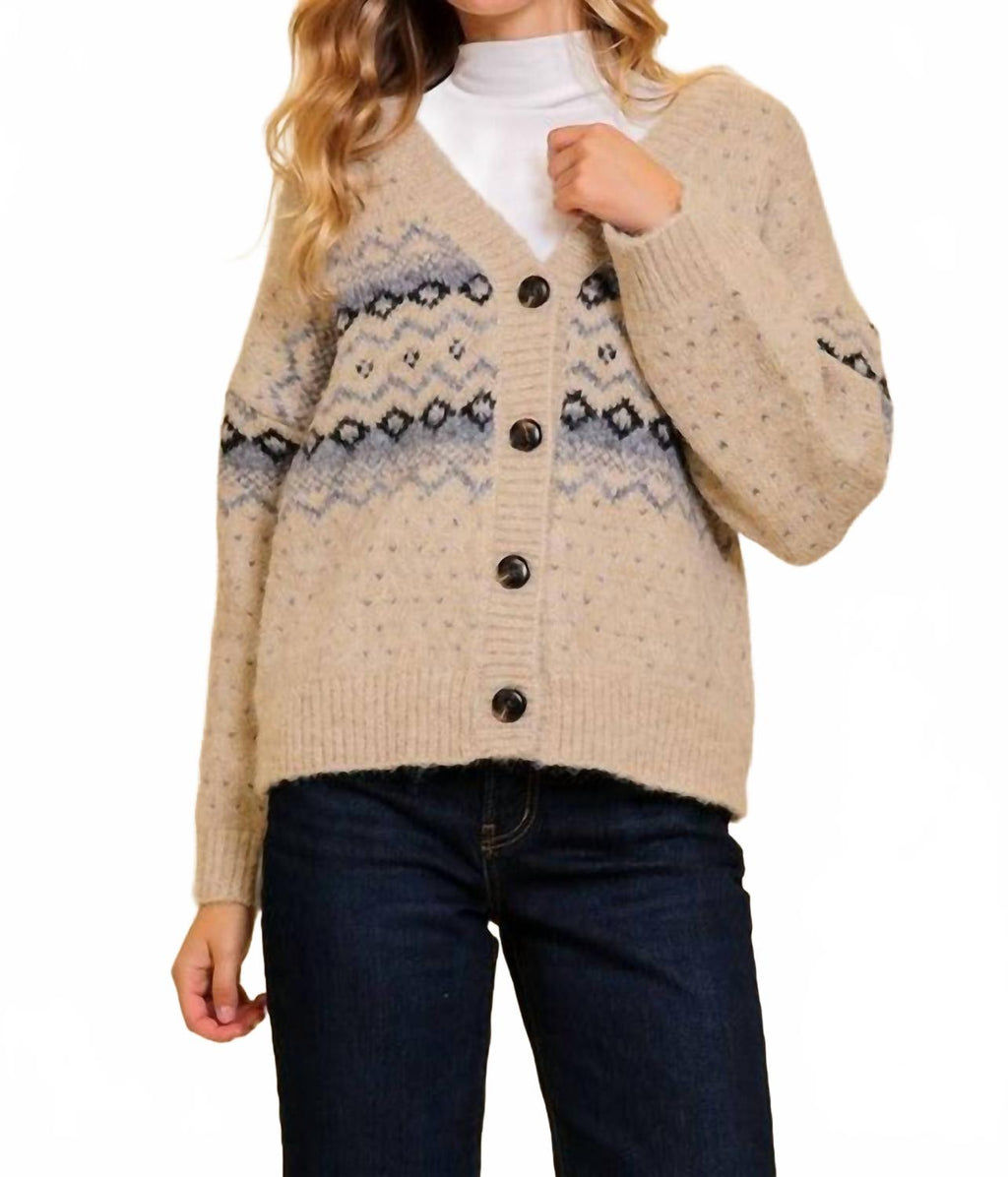 Argyle V-Neck Cardigan In Beige