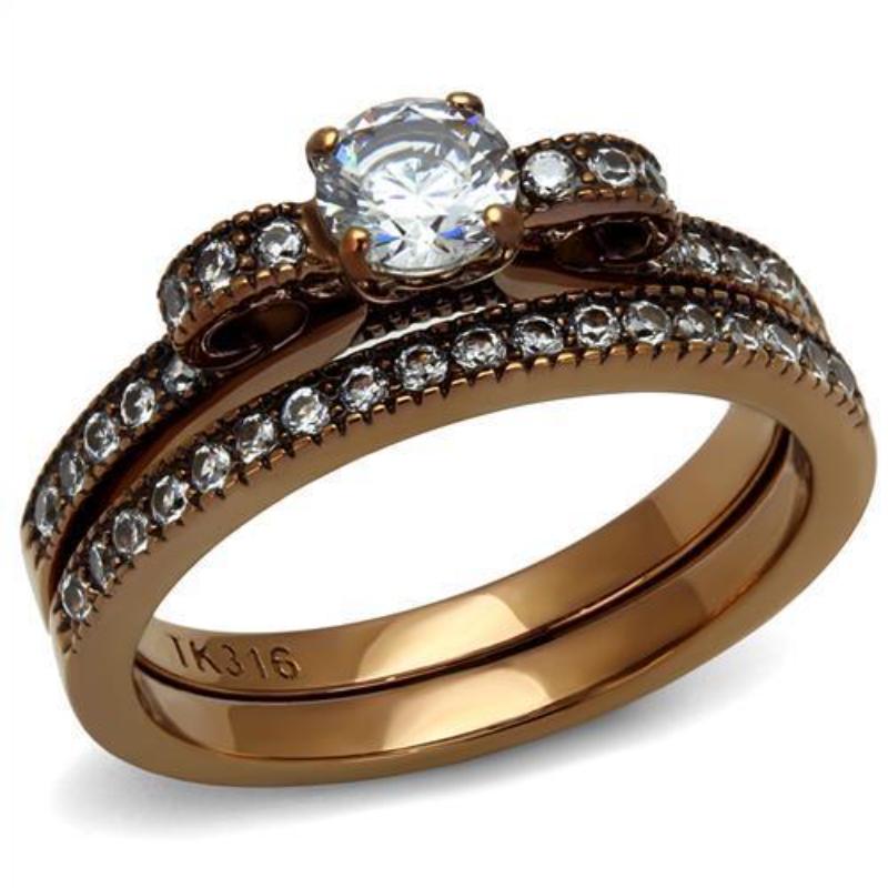 IP Coffee light Stainless Steel Ring with AAA Grade CZ in Clear