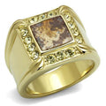 IP Gold(Ion Plating) Stainless Steel Ring with Semi-Precious Oligoclase in Smoked Quartz
