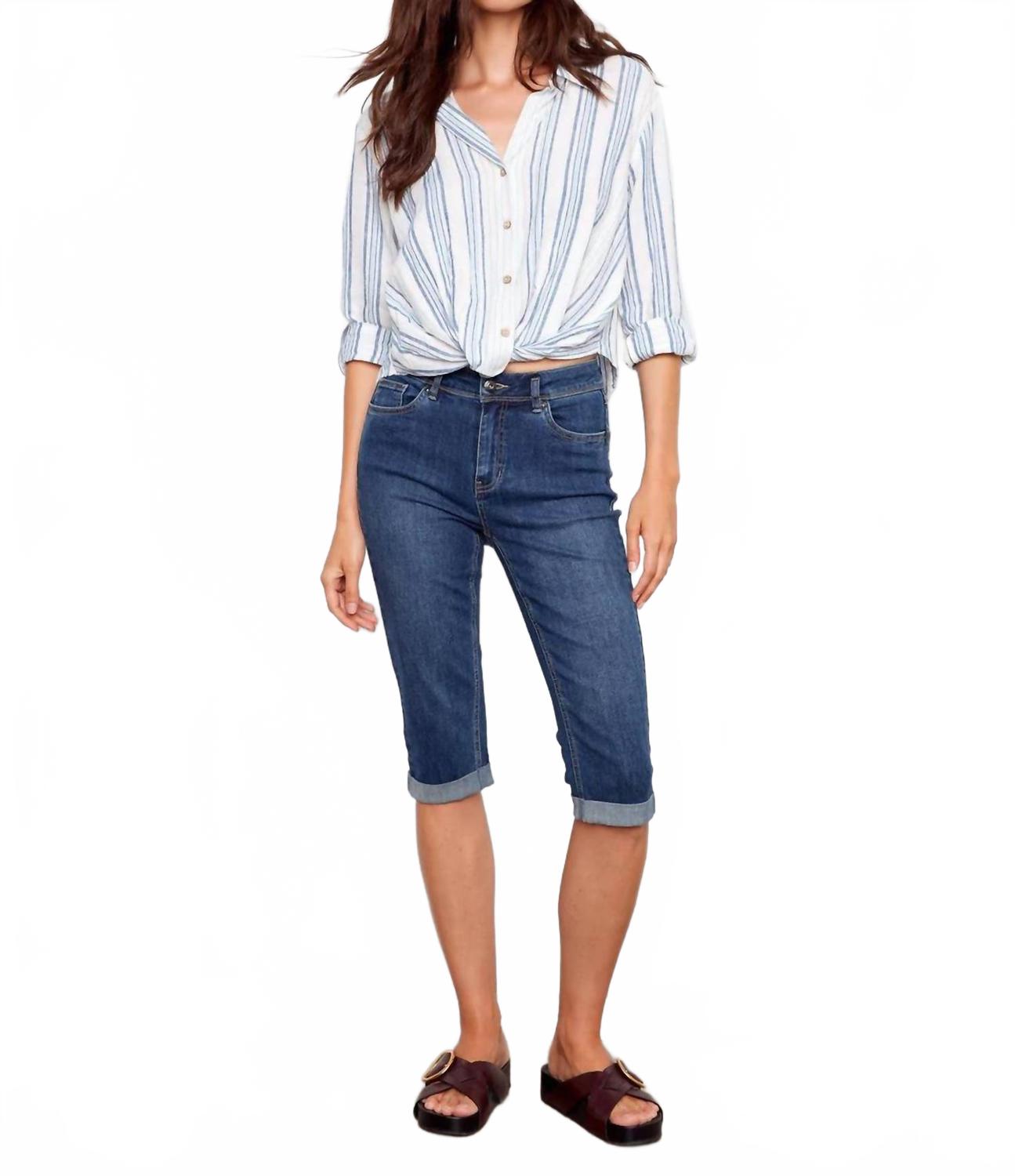 Striped Linen Blend Shirt With Front Twist In Denim