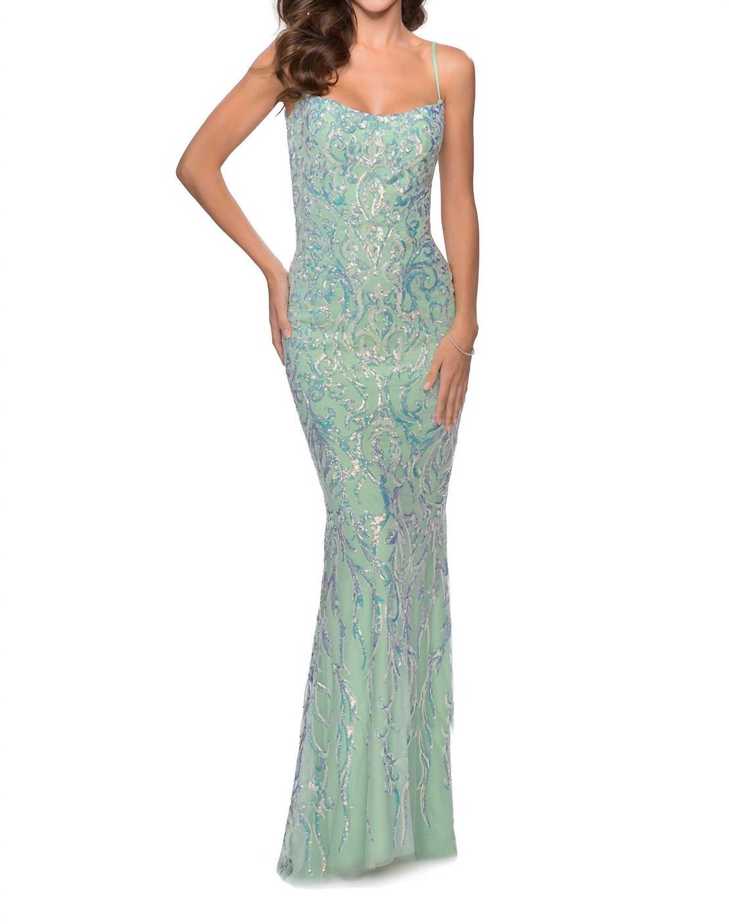 Floral Iridescent Sequin Prom Dress In Mint