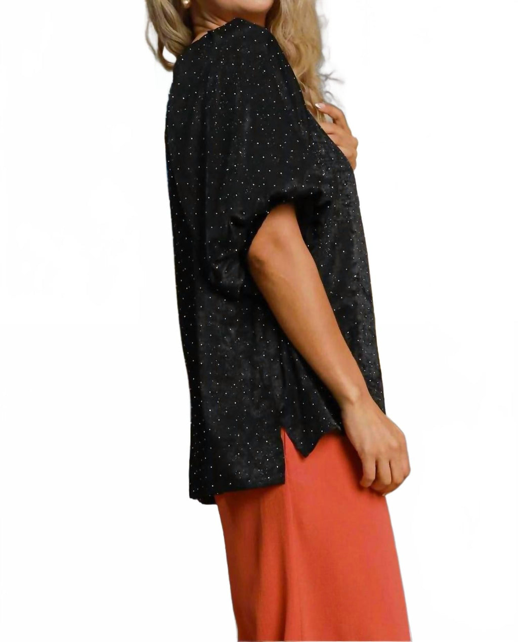 Satin Rhinestone Embellished Blouse With Puff Sleeves In Black