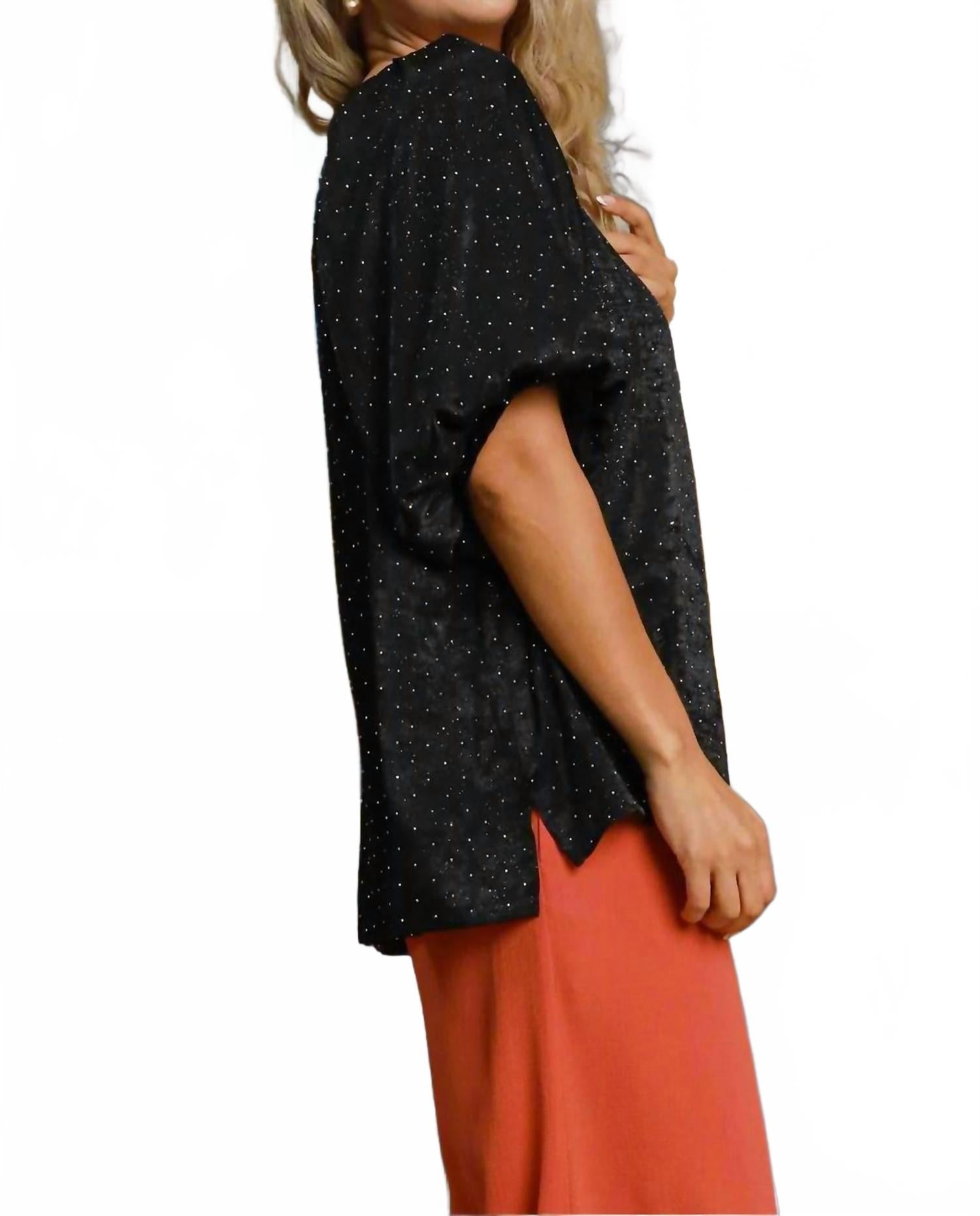 Satin Rhinestone Embellished Blouse With Puff Sleeves In Black