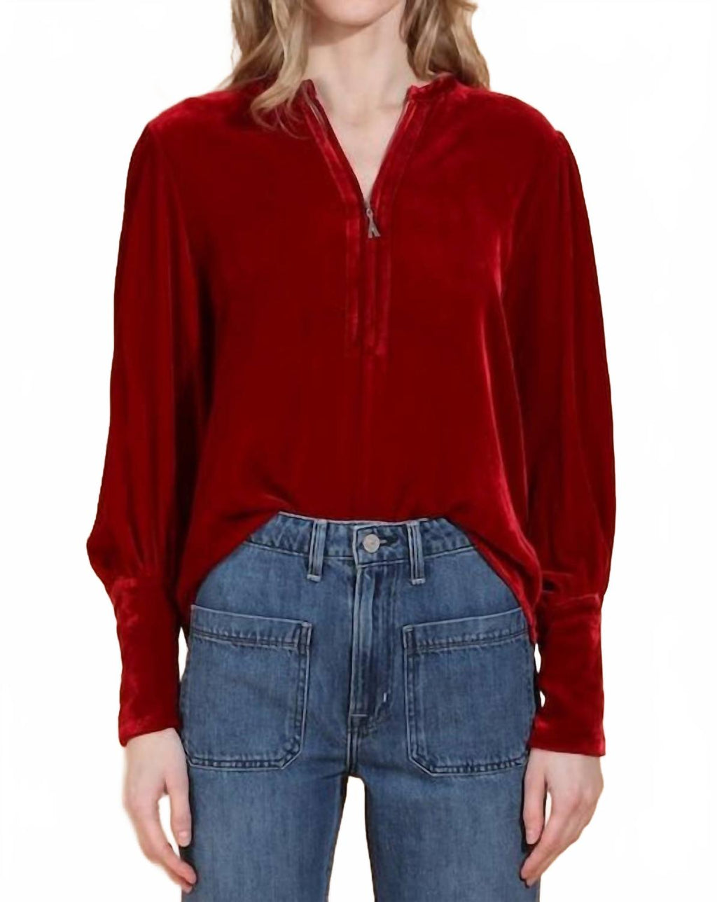 Silk Velvet Zip Front Blouse In Red