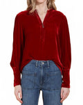 Silk Velvet Zip Front Blouse In Red