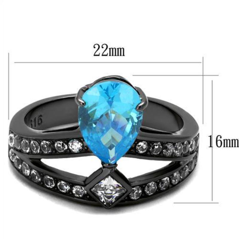 IP Light Black Stainless Steel Ring with AAA Grade CZ in Sea Blue