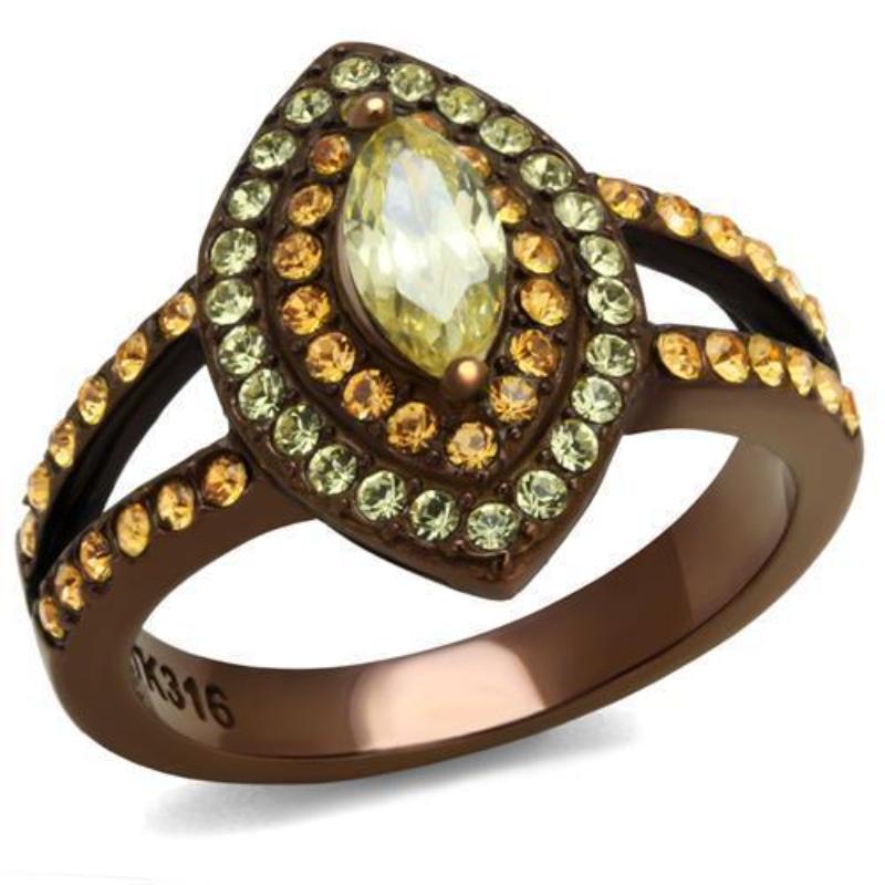 IP Coffee light Stainless Steel Ring with AAA Grade CZ in Citrine Yellow