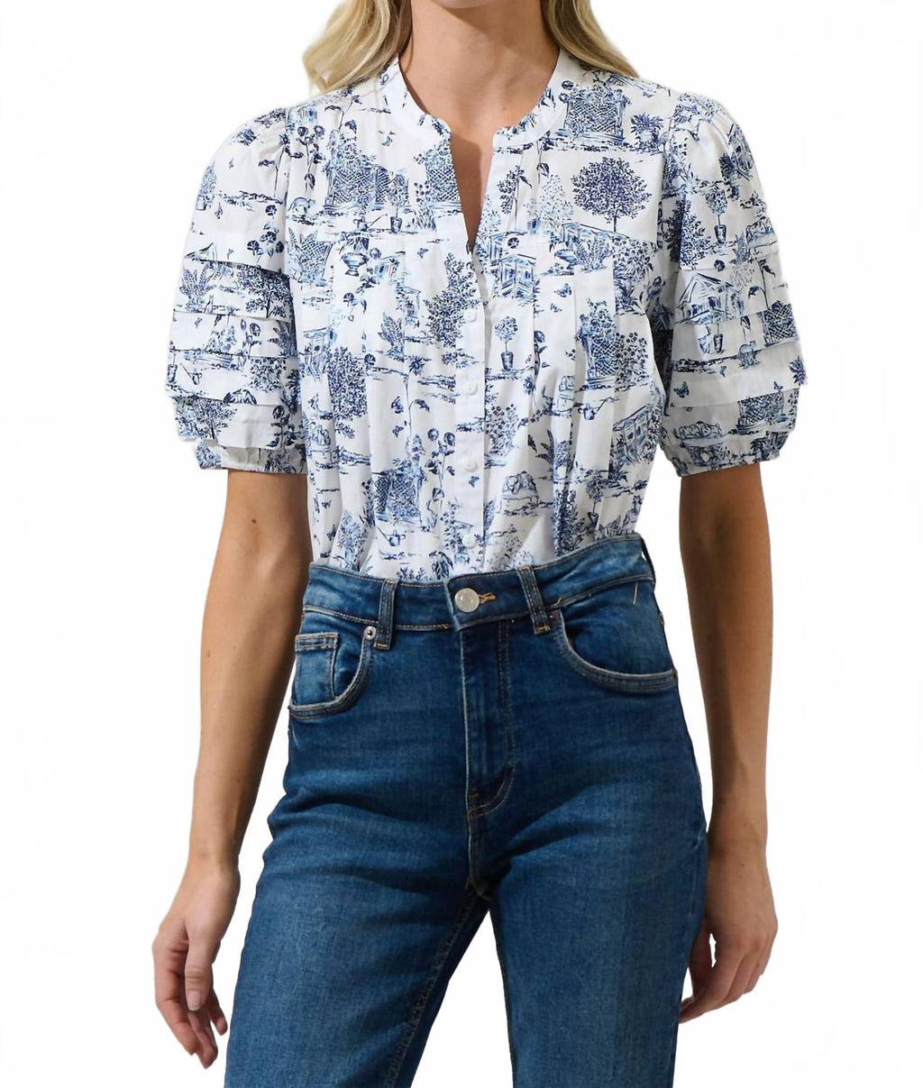 Renzo Toile Court Button Down Top In Blue