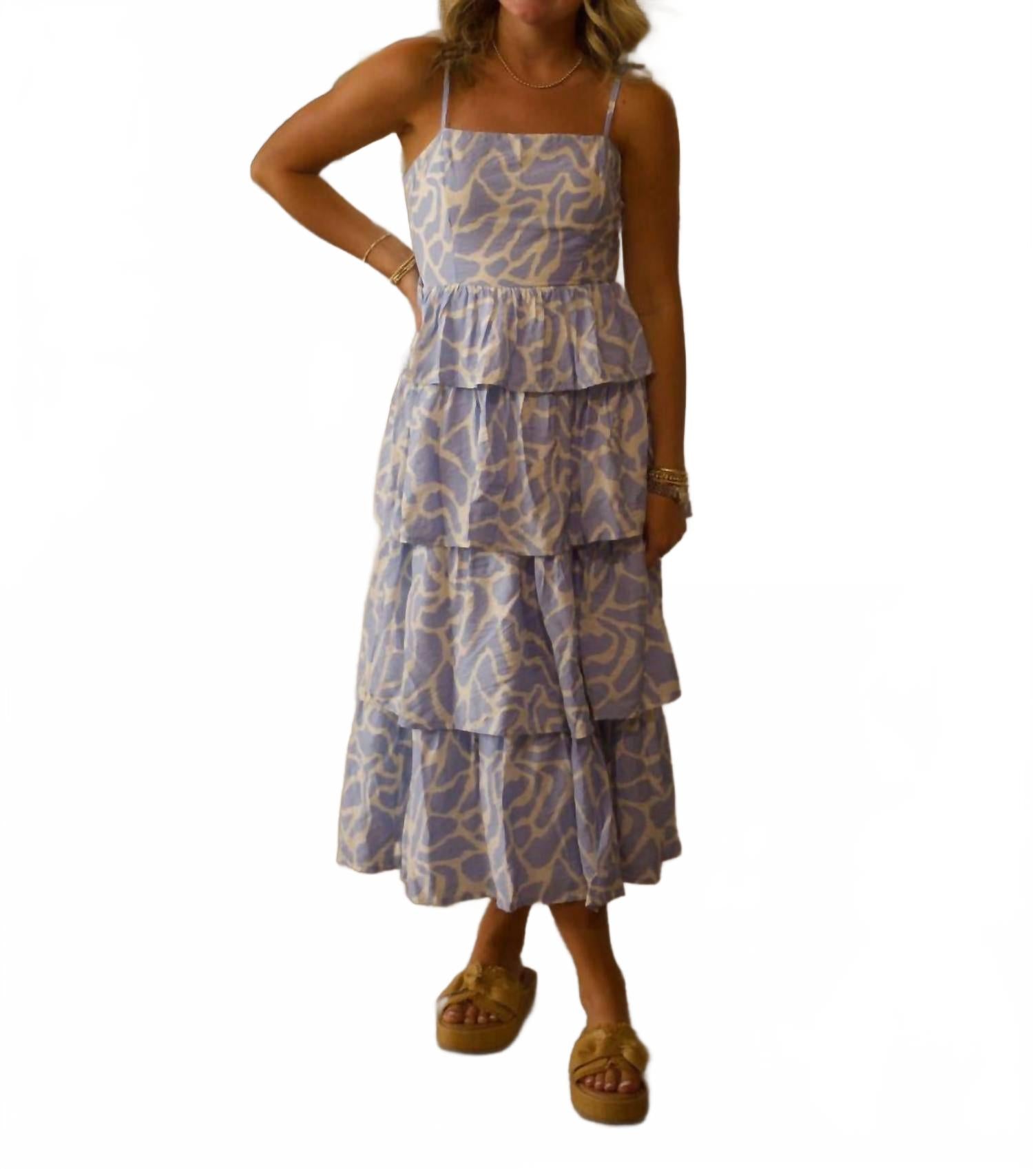Animal Printed Tiered Ruffled Dress In Blue