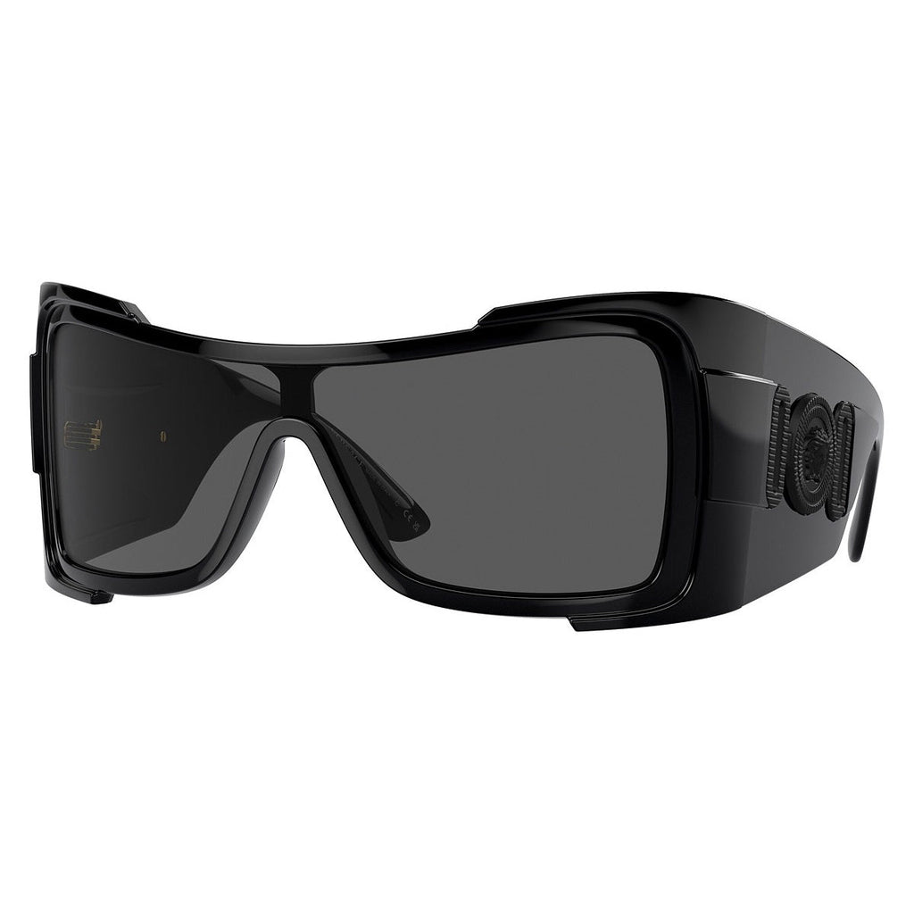 Versace Sunglasses Shield Full Rim, Black Frame And Dark Grey Mirror Blue Lens Ve4451Gb1/55
