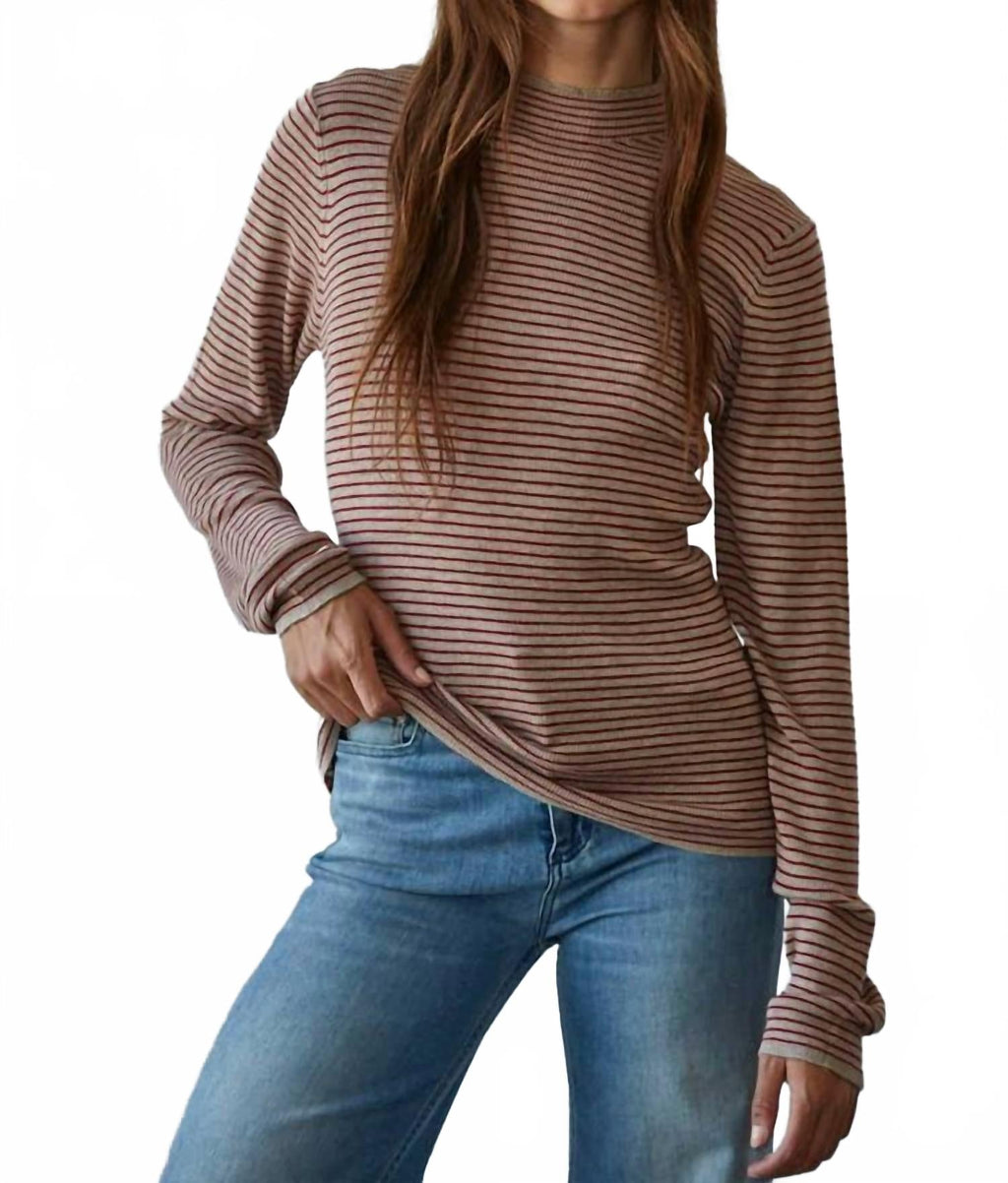 Knit Sweater Striped Mock Neck Top In Taupe Red
