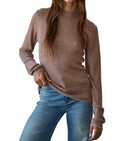 Knit Sweater Striped Mock Neck Top In Taupe Red