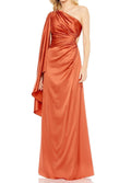 Asymmetrical One Side Cape Sleeve Ruching Satin Dress In Rust