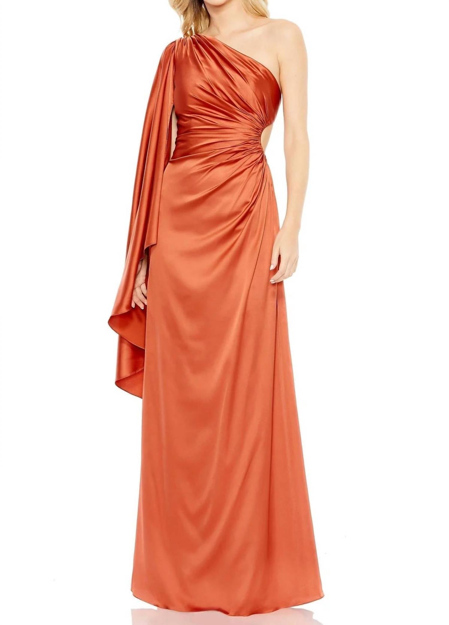 Asymmetrical One Side Cape Sleeve Ruching Satin Dress In Rust