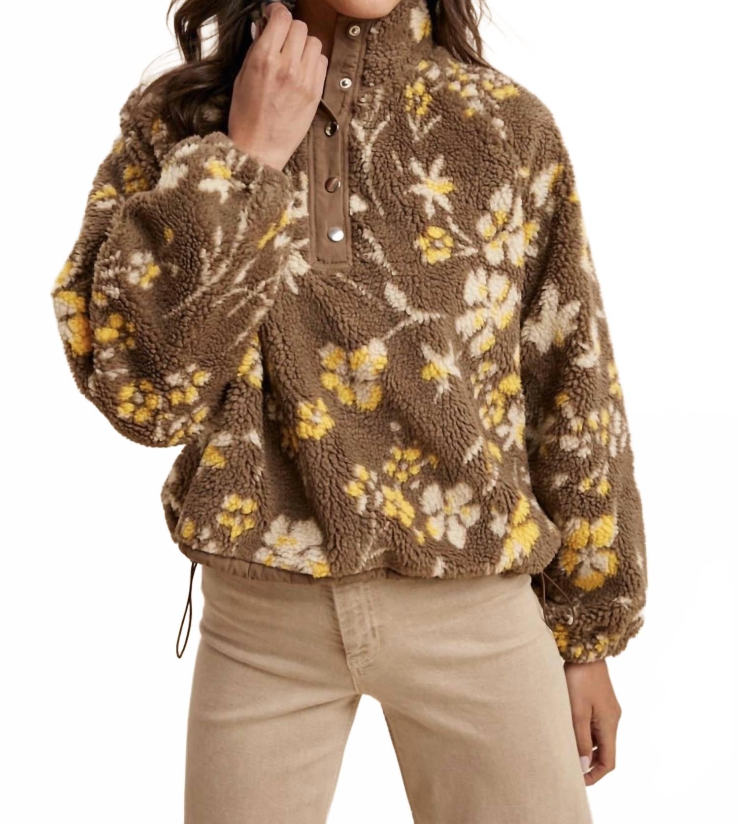 Floral Sherpa Snap Button Pullover In Mocha Mousse