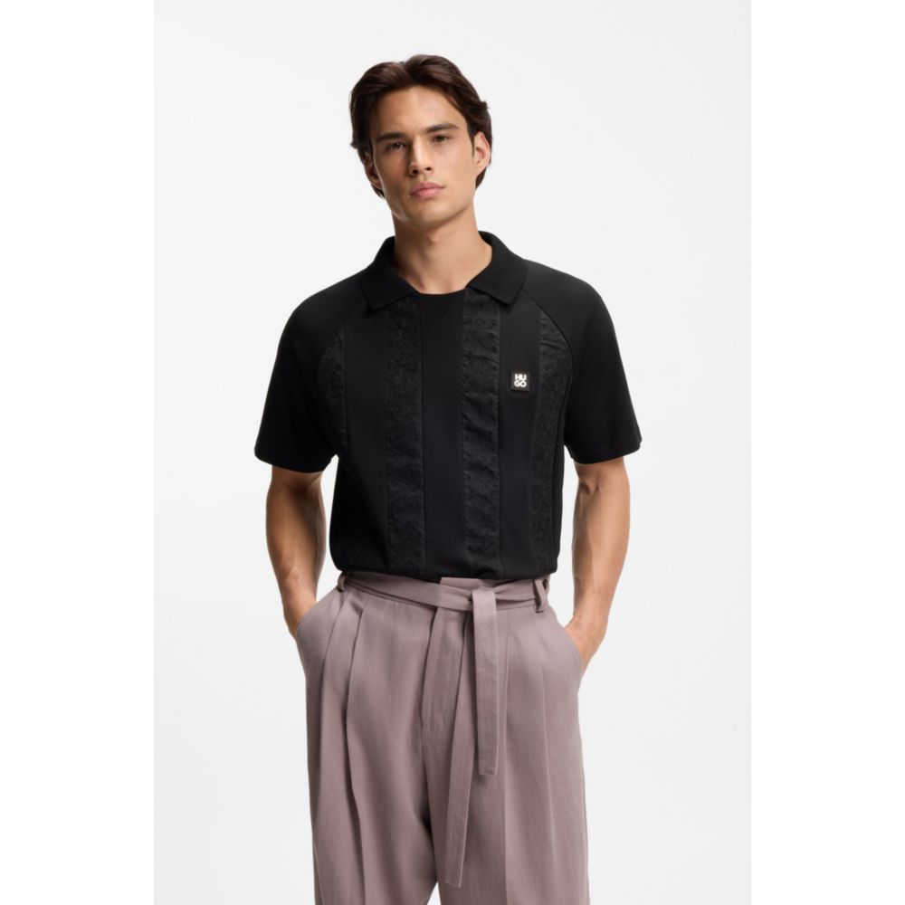 Johnny-collar polo shirt with broderie stripes