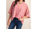 V-Neck Collared Pop Over Top In Dusty Pink