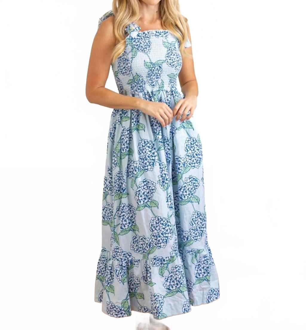 Tie Top Smocked Maxi Dress In Hydrangea Stem