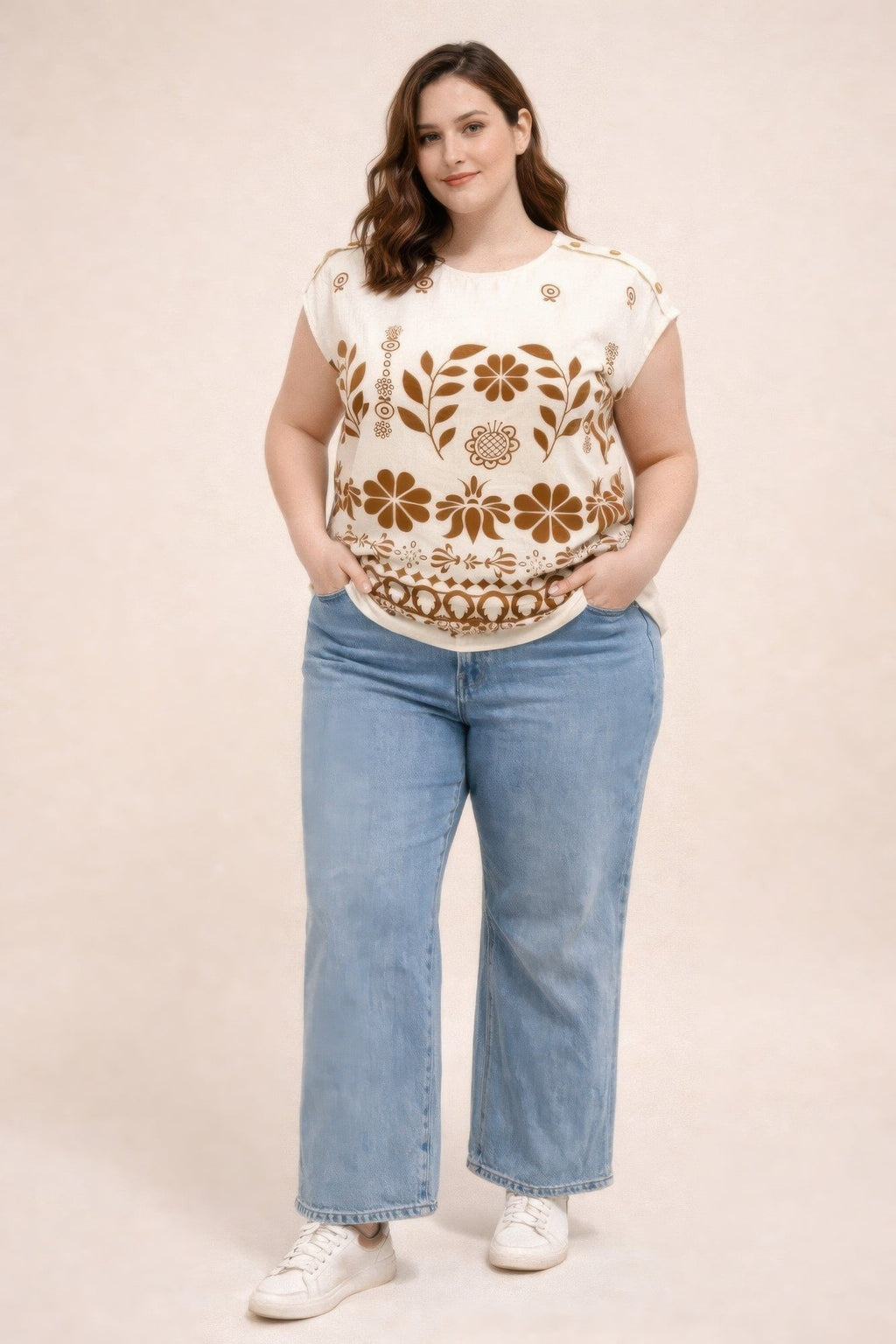 Plus Size Folk Floral Border Print Button-shoulder Top
