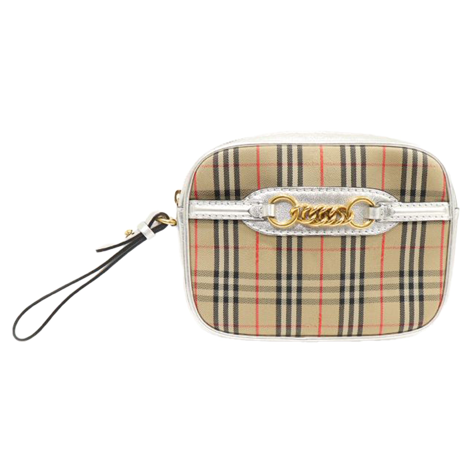 Check Silver Leather Gold-tone Link Belt Bag