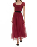Polka Dot Tulle Shirred Waist Velvet Midi Dress In Crimson