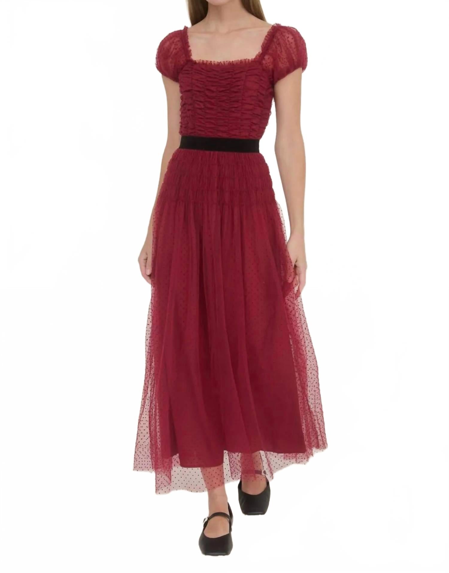 Polka Dot Tulle Shirred Waist Velvet Midi Dress In Crimson