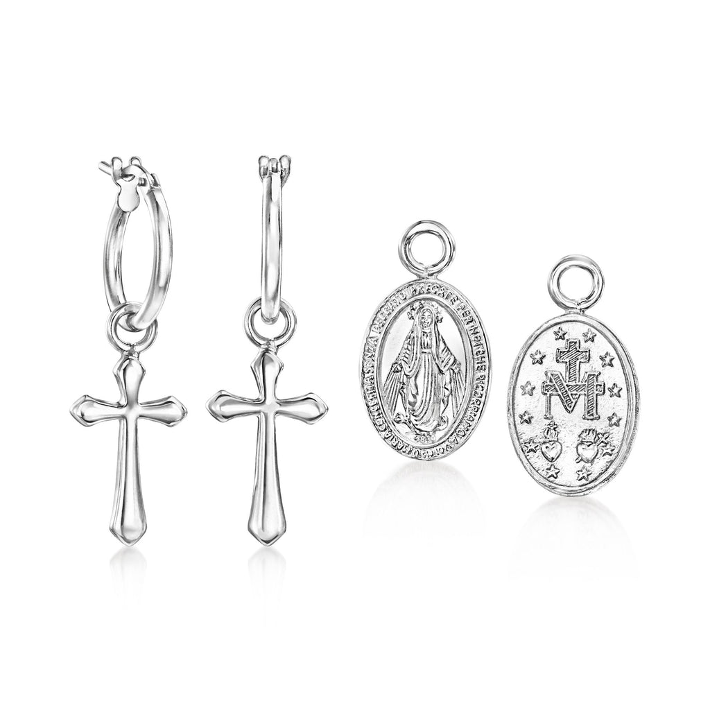 Ross-Simons Italian Sterling Silver Jewelry Set: Hoop Earrings and 2 Pairs Of Interchangeable Religious Drops