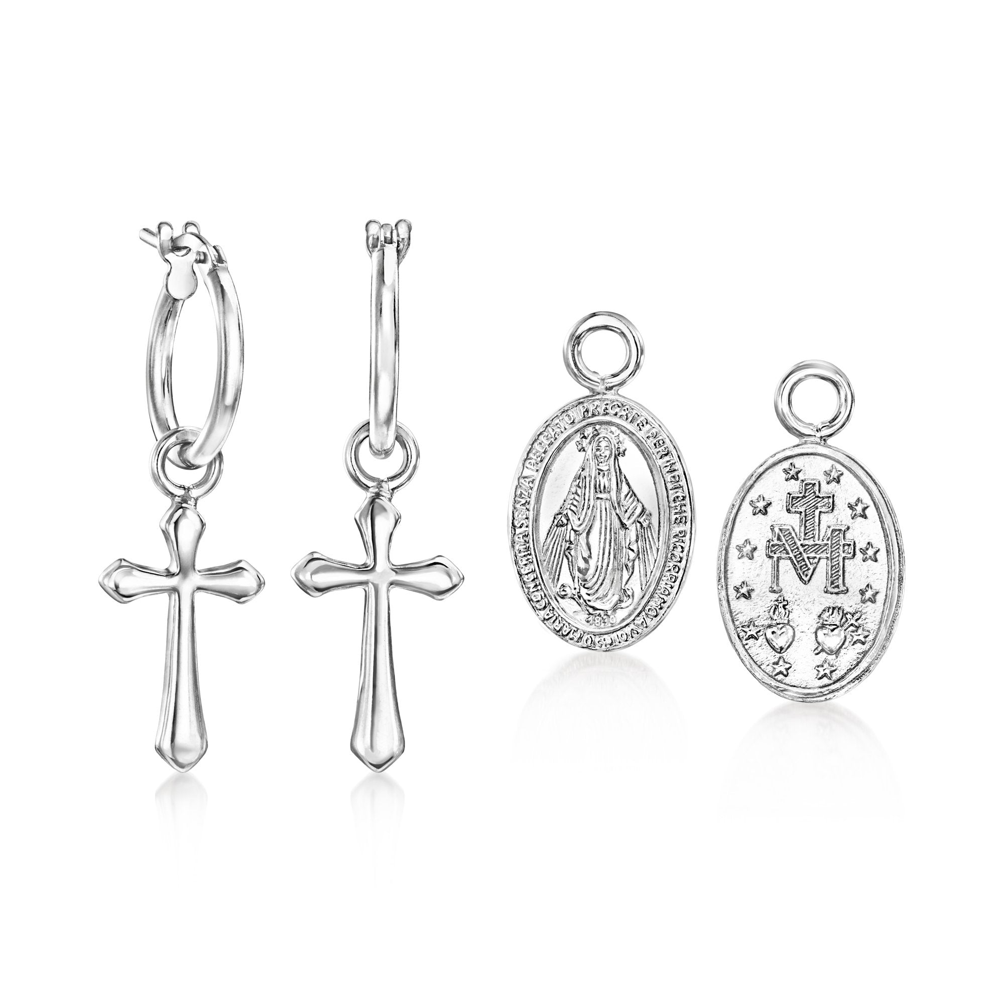 Ross-Simons Italian Sterling Silver Jewelry Set: Hoop Earrings and 2 Pairs Of Interchangeable Religious Drops