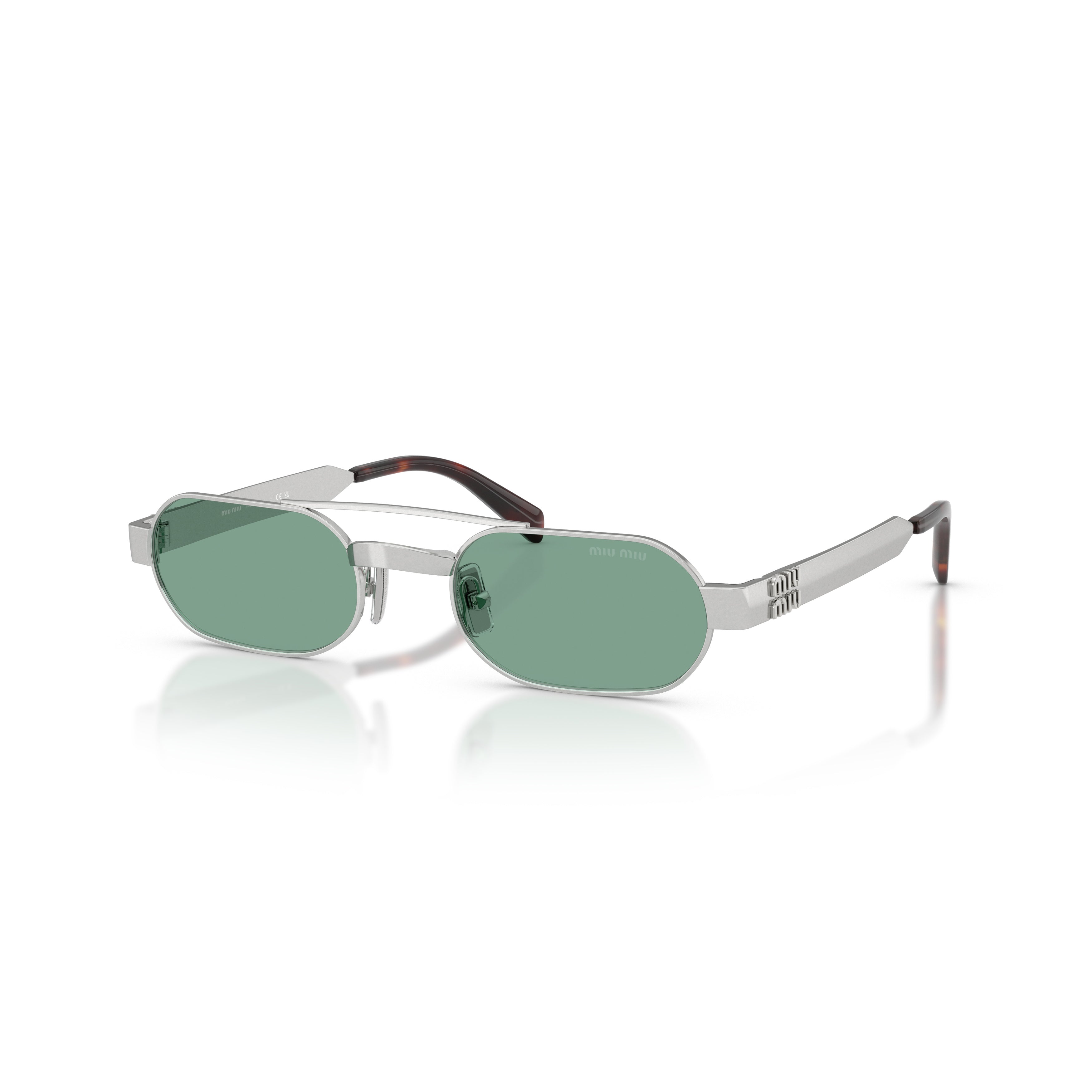 Rectangular Green Lens Sunglasses With Silver Metal Frame