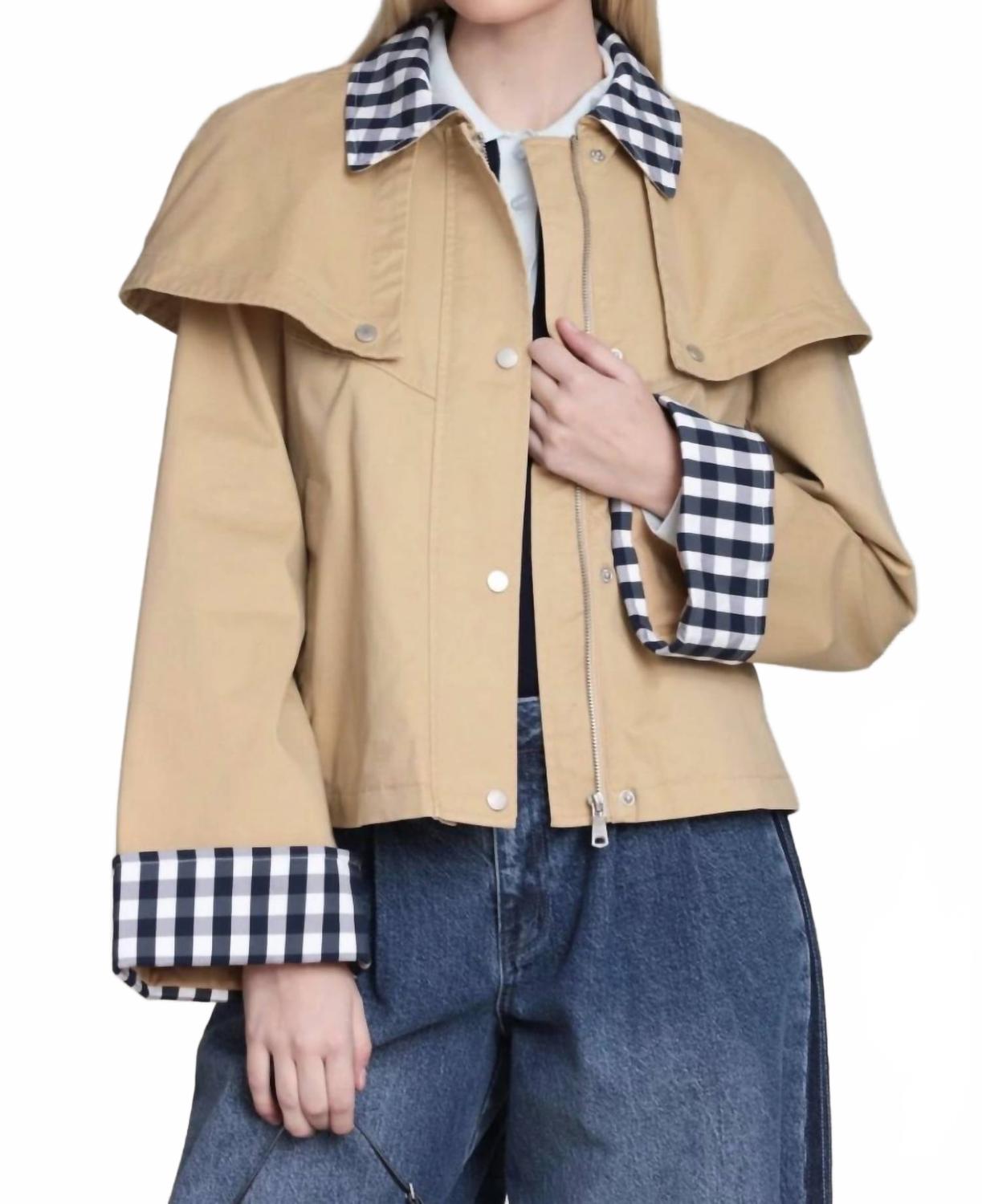 Cape Jacket With Gingham In Brown
