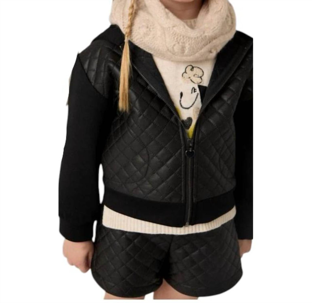 Girls Combined Quilted Jacket In Black