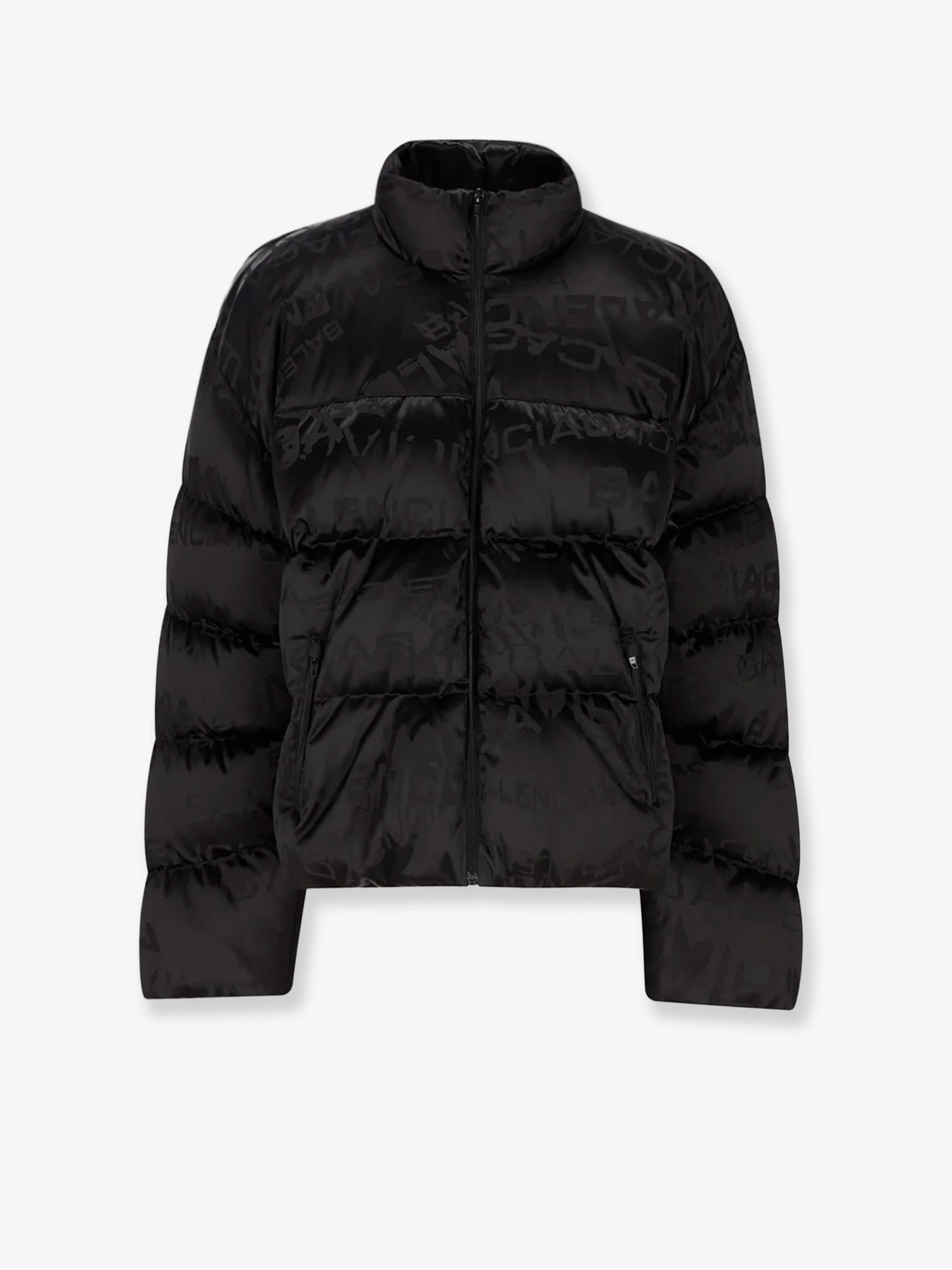 Balenciaga Men Nylon Down Jacket With All-Over Lettering Logo