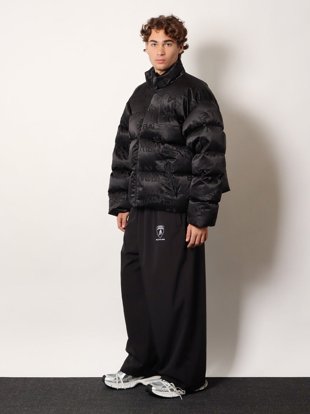 Balenciaga Men Nylon Down Jacket With All-Over Lettering Logo