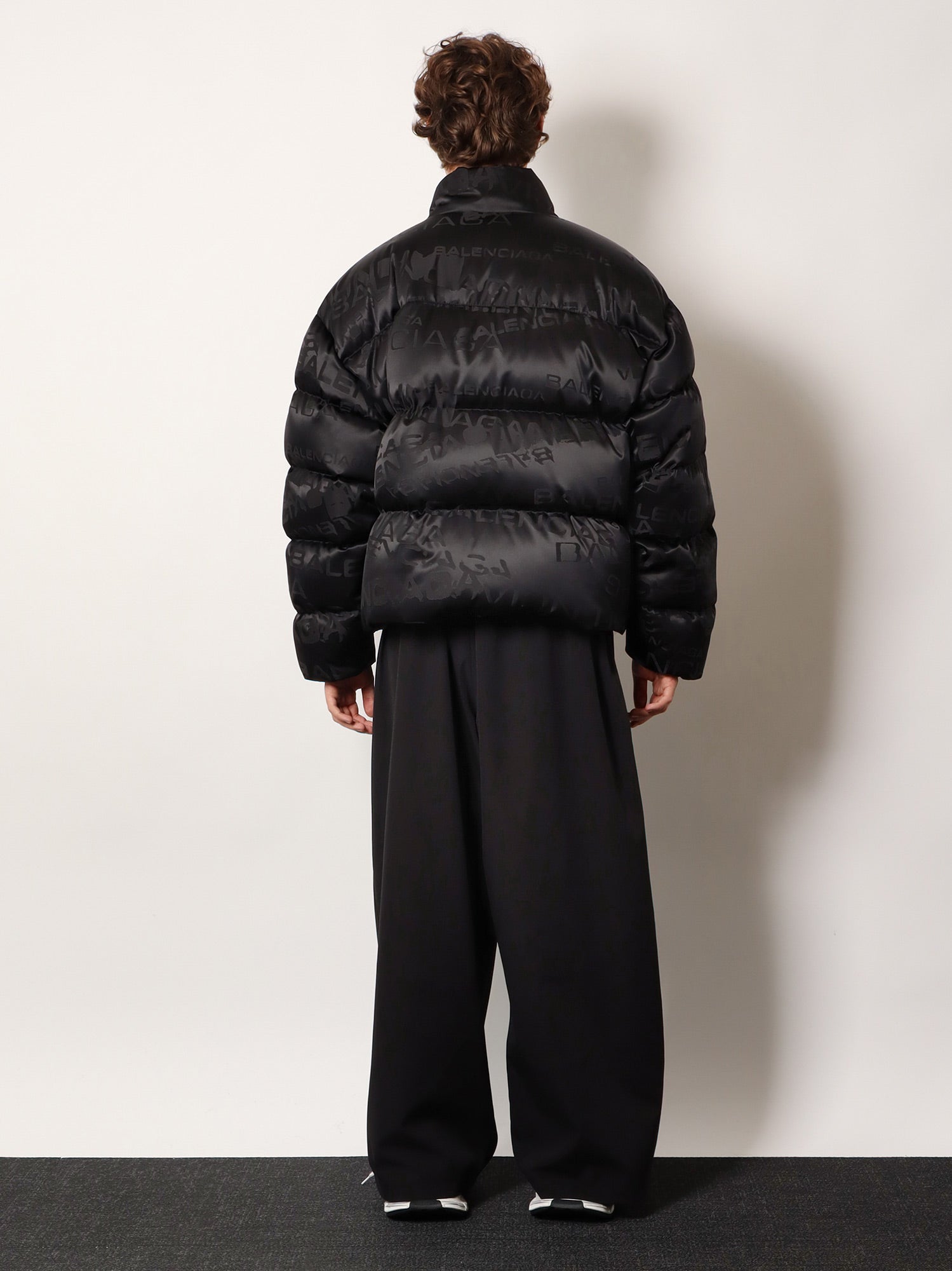 Balenciaga Men Nylon Down Jacket With All-Over Lettering Logo