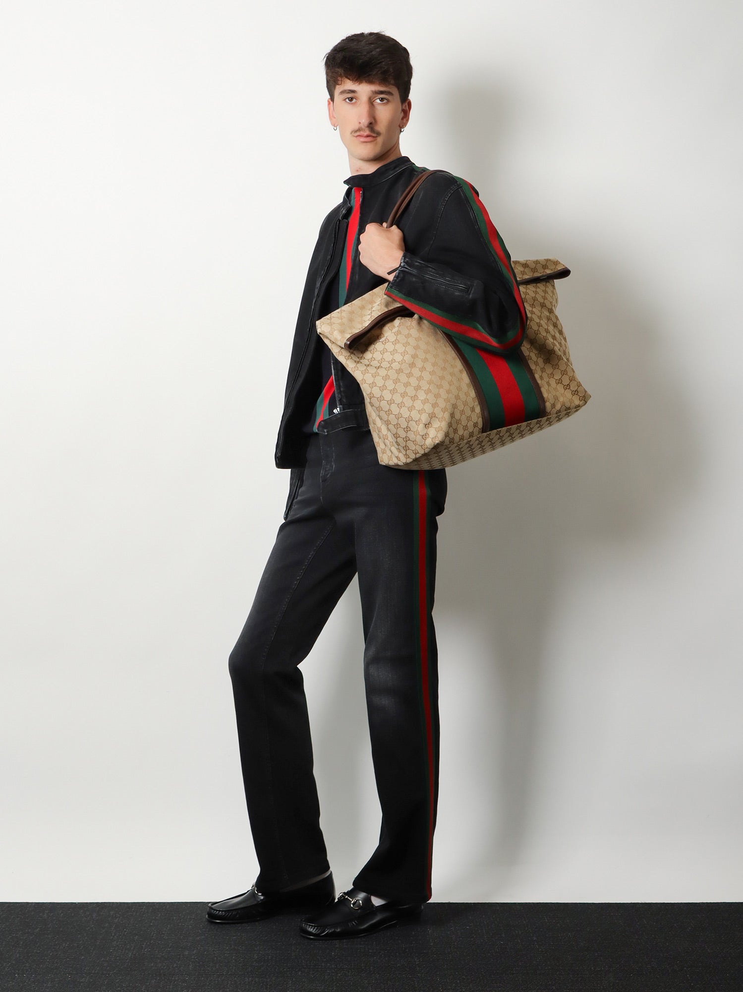 Gucci Men Gg Fabric Travel Bag With Web Detail On The Front