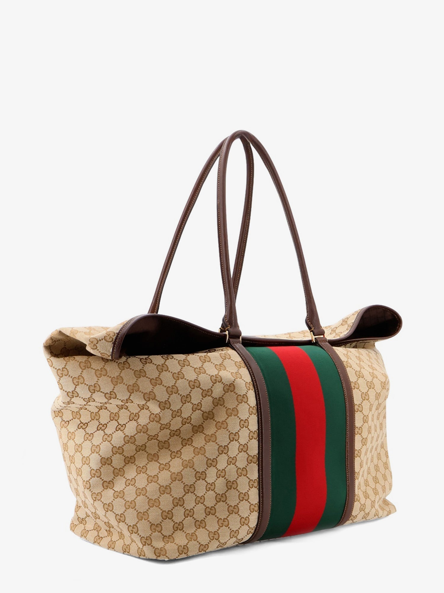 Gucci Men Gg Fabric Travel Bag With Web Detail On The Front