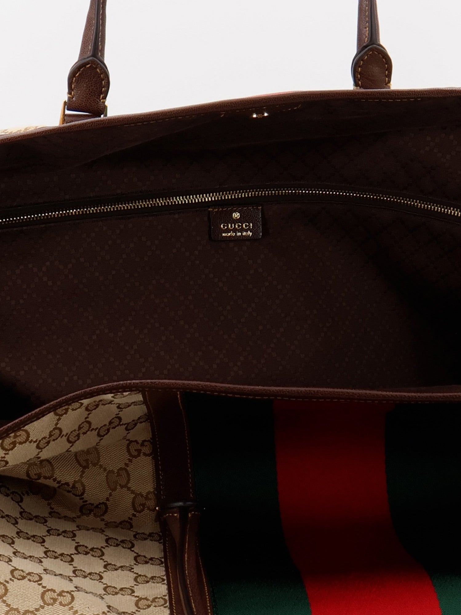 Gucci Men Gg Fabric Travel Bag With Web Detail On The Front