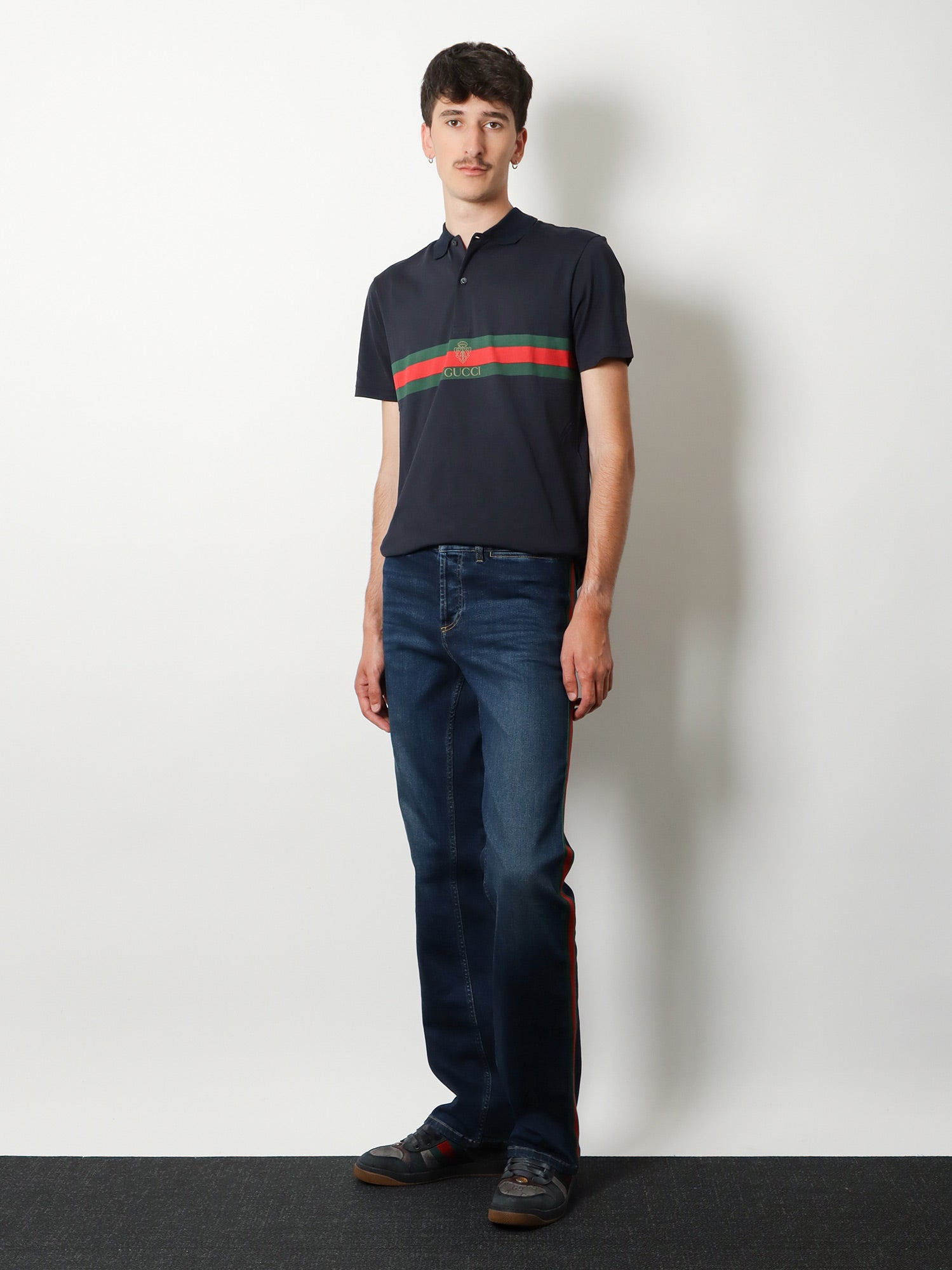 Gucci Men Cotton Polo Shirt With Web Print On The Front