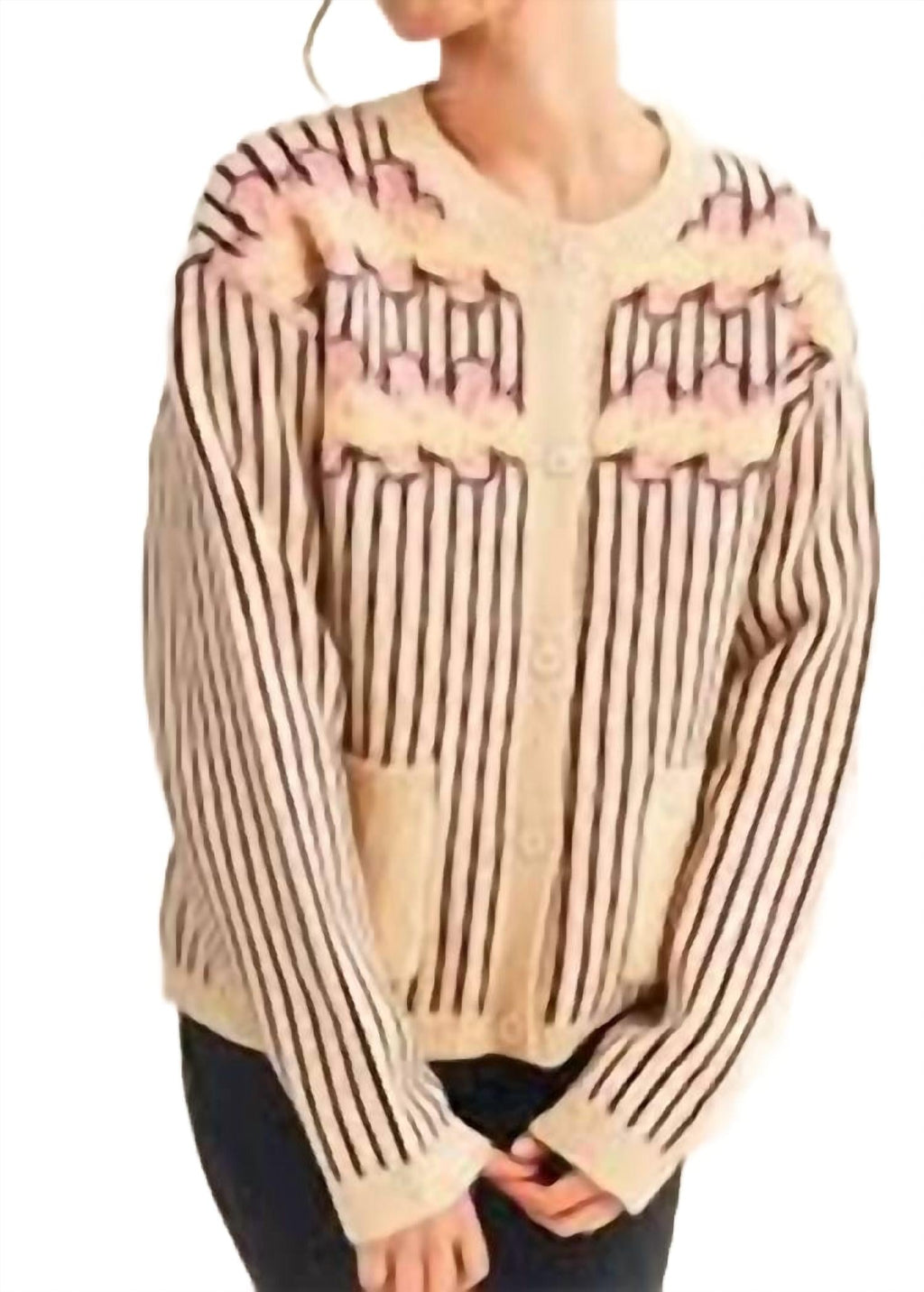 Striped Floral Cardigan In Dark Brown