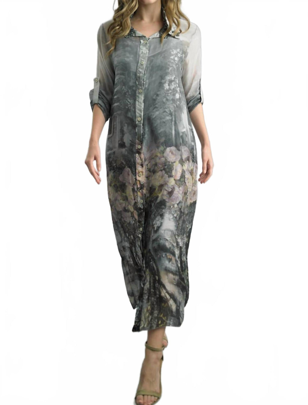 Ethereal Garden Silk Blend Maxi Dress In Grey